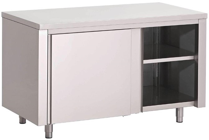  Gastro M Arbeitstisch mit Regal und Schiebet&uuml;ren 140cm lang 