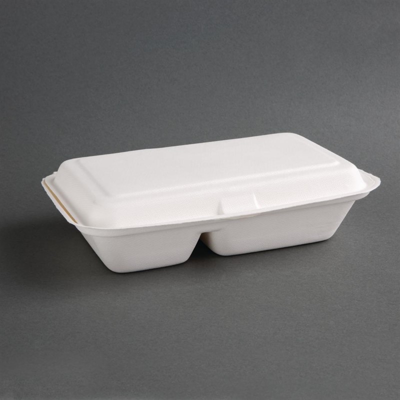  Fiesta Green kompostierbare Men&uuml;boxen aus Bagasse mit Klappdeckel wei&szlig; 2-geteilt (200 St&uuml;ck) 