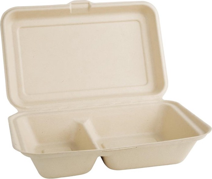  Fiesta Green kompostierbare Bagasse Lebensmittelboxen 2 F&auml;cher Naturfarbe 253 mm (200 St&uuml;ck) 
