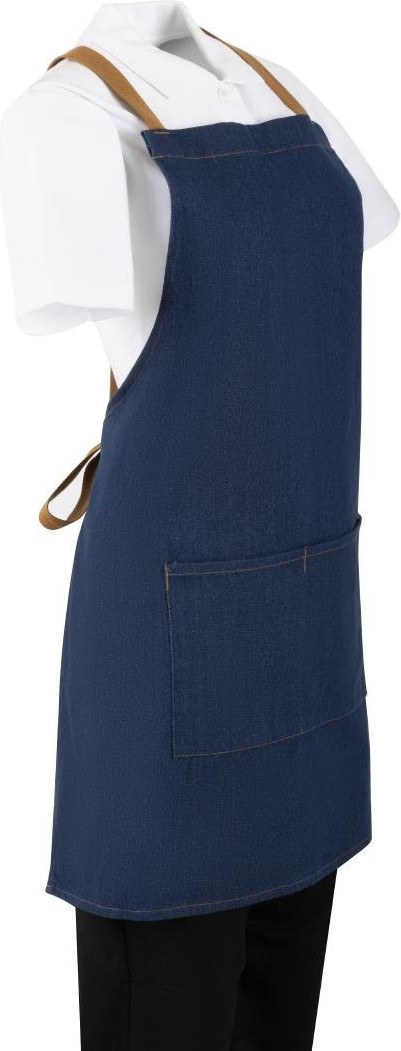  Southside Sch&uuml;rze in kurzer L&auml;nge mit X-R&uuml;cken Denim Blau mit Tan-Tr&auml;gern 
