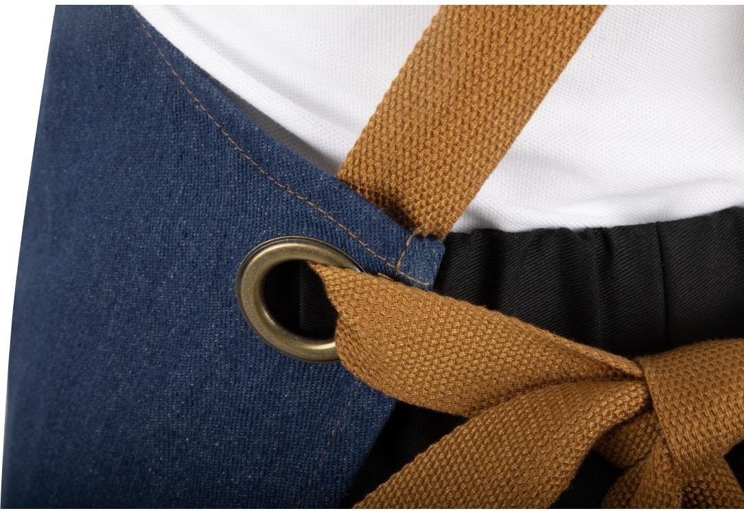  Southside Sch&uuml;rze in kurzer L&auml;nge mit X-R&uuml;cken Denim Blau mit Tan-Tr&auml;gern 