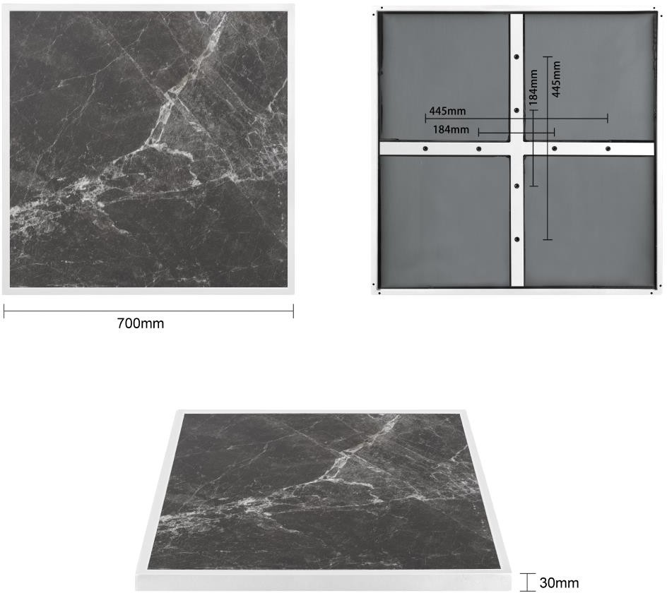  Bolero Dark Granite Effect Outdoor-Tischplatte aus geh&auml;rtetem Glas, wei&szlig;e Zierleiste, 700 mm 