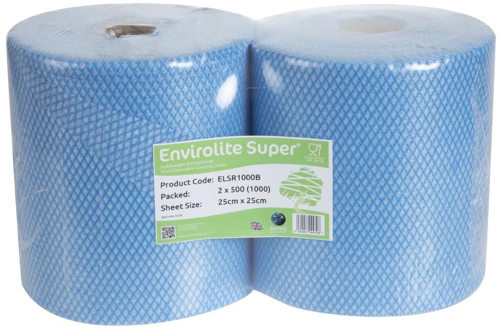  EcoTech Envirolite Super antibakterielle Reinigungst&uuml;cher blau (Rolle mit 2 x 500) (2 St&uuml;ck) 